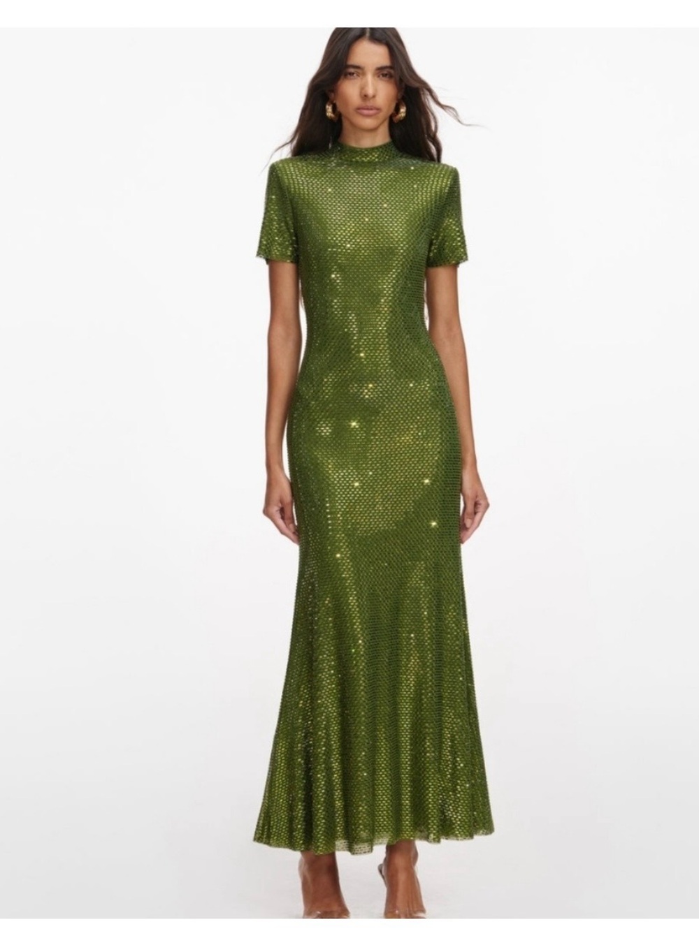 Self Portrait Olive Rhinestone Mesh Midi Dress